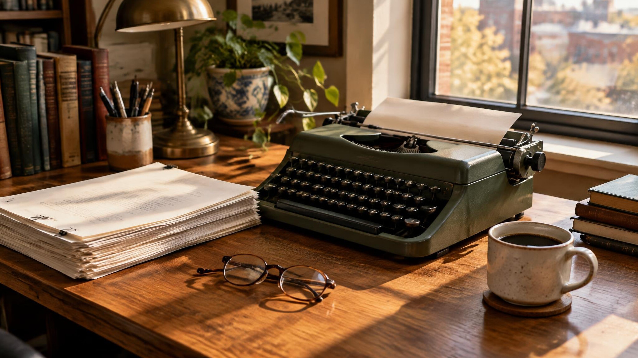 Cozy editorial office desk with a typewriter and stacked manuscripts