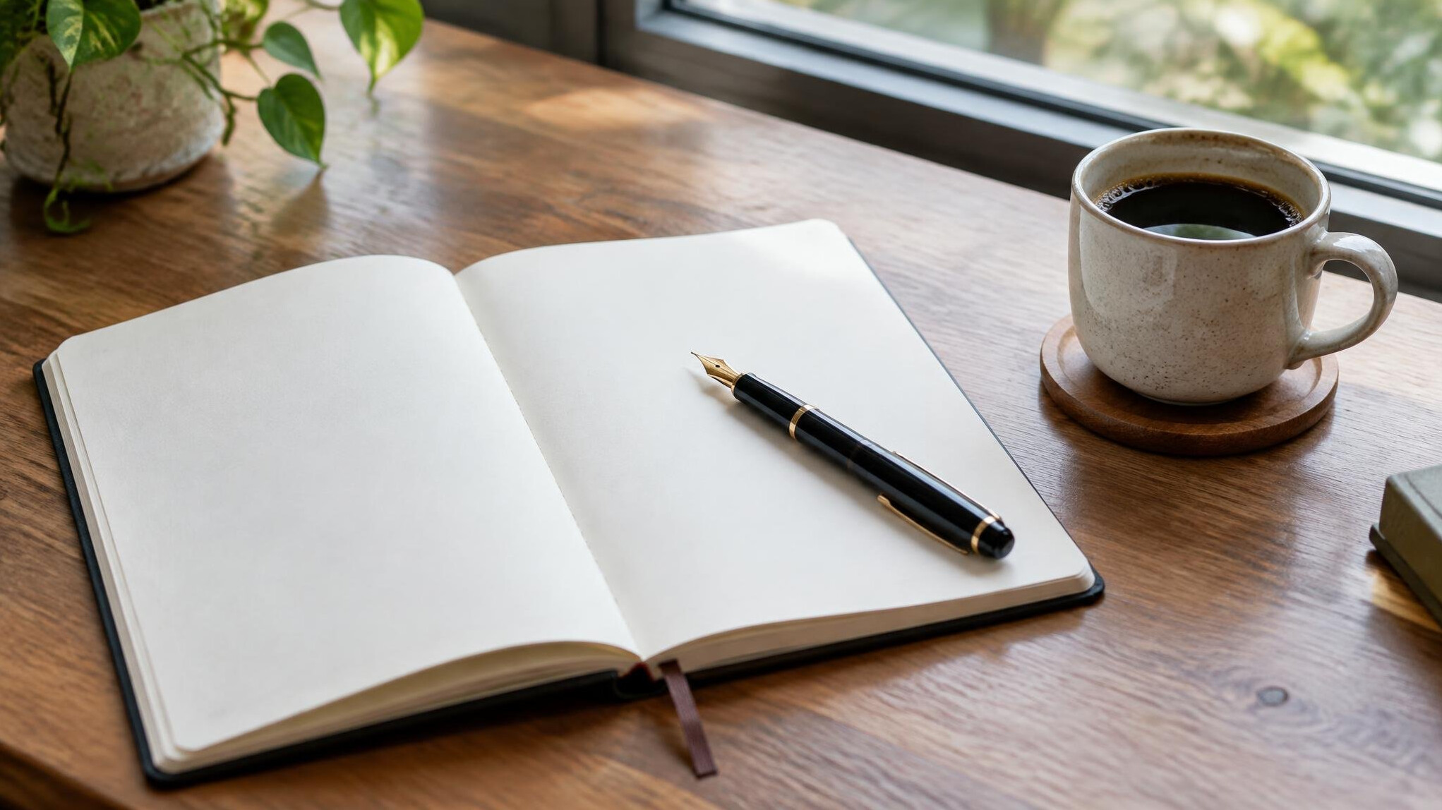 Open notebook with a pen and a cup of coffee on a wooden desk near a window