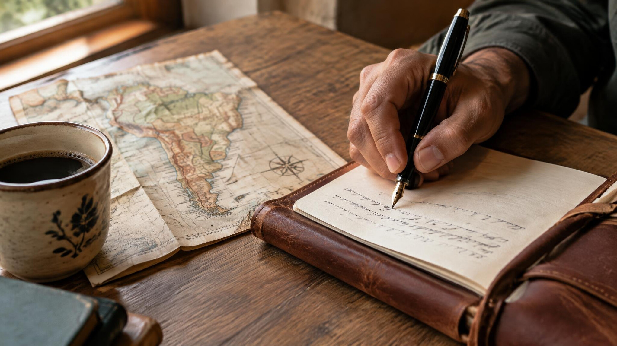 Close up of a hand writing in a leather notebook with a fountain pen next to an old map